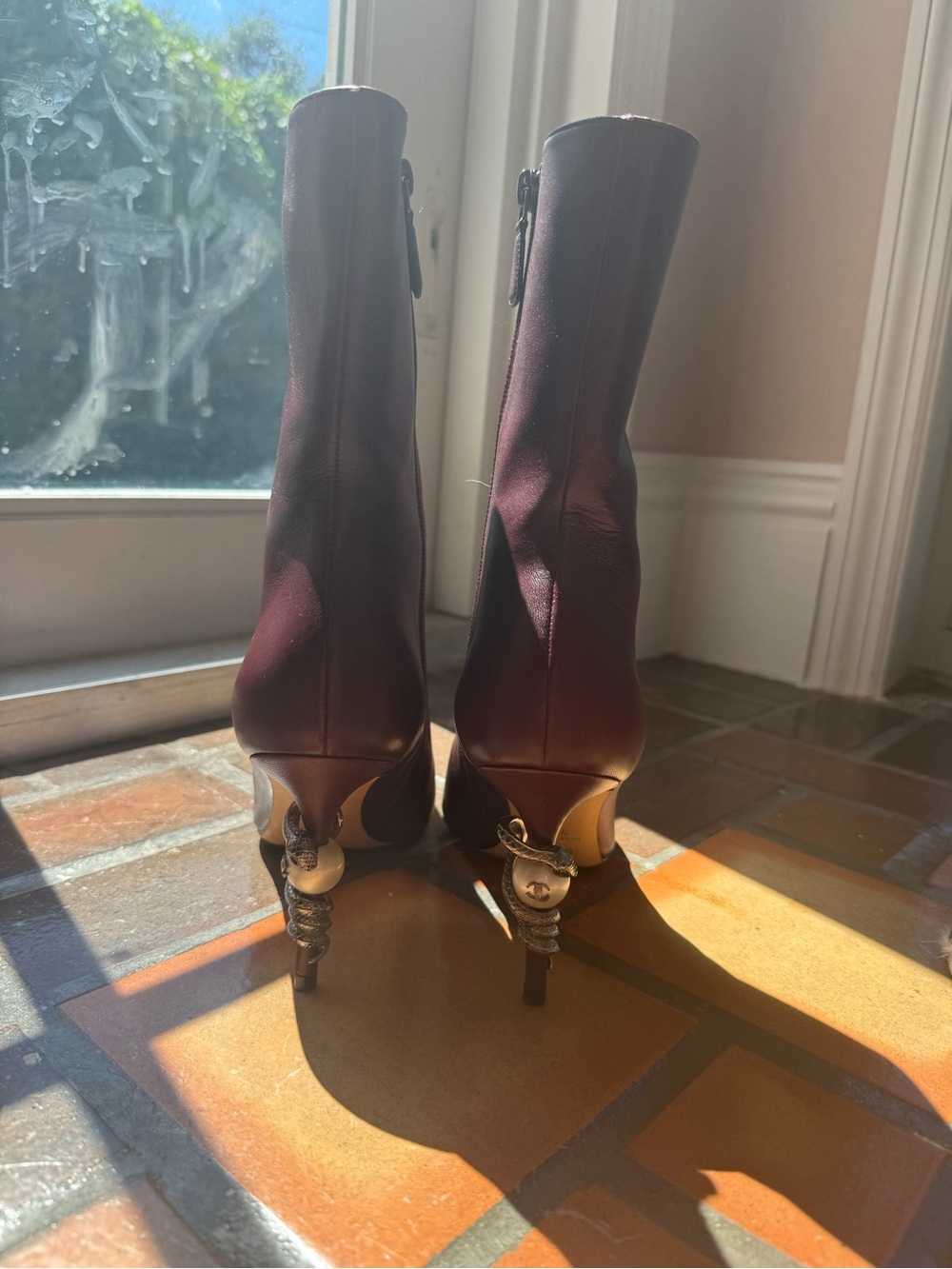 CHANEL Burgundy Pointed-Toe Mid-Calf Heeled Boots - Picture 2 of 4